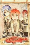  1girl 2boys blue_hair drooling eyes_closed fish flower hair_flower hair_ornament hair_over_one_eye highres konan multiple_boys nagato nagato_(naruto) nanasinonana naruto naruto_shippuuden orange_hair plate red_hair saliva smile yahiko yahiko_(naruto) 