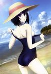  1girl another beach cloud eyepatch hat highres looking_at_viewer misaki_mei nipples nude_filter nyantype ocean official_art pale_skin photoshop red_eyes school_swimsuit sky solo swimsuit undressing water 