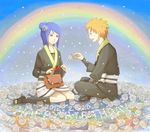  1boy 1girl artist_name blue_eyes blue_hair flower hair_flower hair_ornament happy_birthday kawara16 konan naruto naruto_shippuuden orange_eyes orange_hair origami paper rainbow sitting yahiko yahiko_(naruto) young younger 