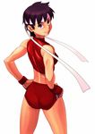 1girl 4st_injection ass bandanna bloomers brown_eyes brown_hair buruma capcom highres kasugano_sakura looking_back muscle simple_background smile solo street_fighter underwear white_background 