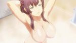  1girl amaya_haruko animated animated_gif areolae arms_up bath bathroom blue_eyes blush breast_squeeze breasts eyes_closed huge_breasts large_breasts long_hair maken-ki! nipples nude purple_hair screencap shower shower_scene smile solo standing steam water wet 