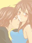  1boy 1girl bare_shoulders blue_(pokemon) blush brown_eyes brown_hair couple leaf_(pokemon) long_hair pokemon red_(pokemon) simple_background yellow_background 