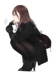 1girl ama_mitsuki bag black_coat black_footwear black_gloves black_legwear black_scarf brown_eyes brown_hair commentary_request fine_fabric_emphasis from_side full_body gloves high_heels long_hair long_sleeves looking_away original pantyhose parted_lips profile scarf shadow simple_background solo squatting translation_request white_background winter_clothes 