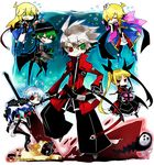  4girls ahoge arakune bad_id bad_pixiv_id black_pants blazblue blonde_hair braid chibi closed_eyes eyepatch green_eyes green_hair hat hazama heterochromia jin_kisaragi multiple_boys multiple_girls noel_vermillion nu-13 pants rachel_alucard ragna_the_bloodedge rate_(aok1) red_eyes silver_hair sword taokaka twintails weapon 