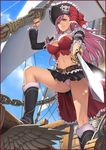  boots bow breasts bustier captain_liliana cleavage cloud day hat jolly_roger knee_boots large_breasts leg_up legs lingerie long_hair midriff miniskirt navel oda_non panties pantyshot pink_eyes pink_hair pink_panties pirate pirate_hat pleated_skirt queen's_blade queen's_blade_rebellion ribbon ship skirt skull_and_crossed_swords sky smile solo sword thighs underwear upskirt very_long_hair watercraft weapon 