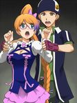  1boy 1girl andy_w_hall aquarion_(series) aquarion_evol awa blonde_hair blue_eyes brown_eyes brown_hair couple dress fingerless_gloves glasses gloves hair_ribbon hat long_hair mix_(aquarion) multicolored_hair orange_hair purple_hair ribbon side_ponytail tomoe_(symbol) 