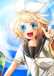  blonde_hair blue_eyes blush kagamine_rin looking_at_viewer open_mouth smile solo ui_(rot) vocaloid 