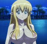  1girl areolae bare_shoulders blonde_hair blue_eyes breasts elf female hair_between_eyes highres long_hair looking_at_viewer night nipples nude nude_filter outdoors parted_lips photoshop pointy_ears screencap shiny shiny_skin tiffania_westwood tree upper_body water zero_no_tsukaima 