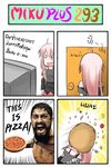  1girl 300 4koma ahoge beard black_hair braid catstudioinc_(punepuni) comic door drooling facial_hair food headshot highres holding_pizza ia_(vocaloid) in_the_face leonidas long_hair o_o open_mouth pink_hair pizza reverse_translation scar shirt short_hair skirt television thai this_is_sparta translated twin_braids vocaloid watching_television 