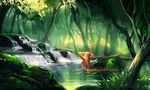  banned_artist bathing breasts copyright_request forest hand_on_own_head hands_on_own_head long_hair medium_breasts nature no_lineart outdoors plant red_hair river sakimichan scenery solo tree very_long_hair water 