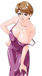  1girl areola_slip areolae bare_shoulders breasts brown_eyes brown_hair cleavage dress earrings erect_nipples formal glasses gown jewelry large_breasts leaning_forward lipstick makeup milf mole necklace nipple_slip nipples short_hair simple_background solo standing 