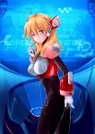 1girl alia_(rockman) android bangs blonde_hair blue_eyes breasts cowboy_shot eyebrows_visible_through_hair framed_breasts gloves hand_on_own_ass index_finger_raised large_breasts long_hair robot_ears solo white_gloves 