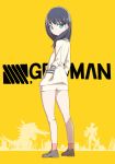  1girl bare_legs black_hair blue_eyes copyright_name expressionless female from_behind hands_in_pockets jacket loafers looking_back shoes solo ssss.gridman standing takarada_rikka tanaka_ahiru 
