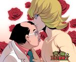  bad_id bad_pixiv_id barnaby_brooks_jr black_hair blonde_hair blue_eyes flower forehead_kiss glasses kiss labcoat logo male_focus masao multiple_boys necktie nude parody rose saitou_(tiger_&amp;_bunny) tiger_&amp;_bunny yaoi 