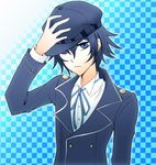  androgynous blue blue_eyes blue_hair cabbie_hat crossdressing hand_on_headwear hat looking_at_viewer persona persona_4 reverse_trap shadowaris shirogane_naoto short_hair solo upper_body 