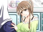  1boy 1girl breasts couple crotch_grab cup denim female handjob jeans kitchen large_breasts long_hair mabo-udon pants 