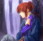  blue_eyes forest hibiki_(bagawa) himura_kenshin japanese_clothes male_focus nature ponytail profile red_hair rurouni_kenshin scar snow solo sword weapon 