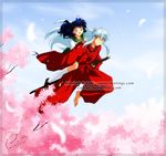  1girl animal_ears anime_coloring black_hair carrying cati cherry_blossoms dog_ears higurashi_kagome inuyasha inuyasha_(character) japanese_clothes katana long_hair school_uniform serafuku signature sword watermark weapon web_address white_hair 