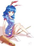  1girl ambiguous_red_liquid animal_ears arm_support blue_dress blue_hair bunny_ears chagura collarbone crescent dress ear_clip kine puffy_short_sleeves puffy_sleeves red_eyes seiran_(touhou) short_sleeves sitting socks solo star star_print tears touhou white_background white_legwear 