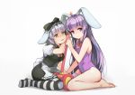  2girls animal_ears apron bare_legs bare_shoulders barefoot black_dress bow bunny_ears bunnysuit dress erina_(rabi-ribi) irisu_(rabi_ribi) leotard long_hair mallet multiple_girls nezumi_(mouseto) pantyhose purple_eyes purple_hair purple_leotard rabi-ribi ribbon short_hair silver_hair single_thighhigh sitting smile striped striped_legwear thighhighs very_long_hair white_legwear 