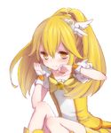  3: akira_(ku0427) blonde_hair bow bowtie cure_peace frown hair_flaps hair_ornament hairpin kise_yayoi long_hair magical_girl precure sitting skirt smile_precure! solo tears white_background wide_ponytail wrist_cuffs yellow yellow_bow yellow_eyes yellow_skirt 