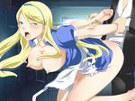  1boy 1girl alice_(wonderland) alice_(wonderland)_(cosplay) alice_in_wonderland arm_grab atlus bent_over blonde_hair blue_eyes breasts censored doggystyle futa_with_male futanari genderswap hairband kuma_(persona_4) large_breasts long_hair megami_tensei mosaic_censoring newhalf nipples open_mouth penis persona persona_4 sex shin_megami_tensei trap uk-violet wince wrist_grab 