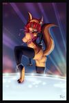  abstract_background anklet anthro ayn barefoot big_breasts black_nose blue_eyes breasts brown_fur butt canine chain clothing cuffs dancing detached_sleeves ear_piercing female fluff-kevlar fur hair hand_on_hip hi_res jackal legwear looking_at_viewer mammal mouth_hold nipples nude piercing pink_nipples playful pose pussy raised_leg raised_tail red_hair seductive solo spread_legs spreading stage standing stockings tiara tiptoes toeless_socks torn_clothing 
