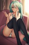  aqua_eyes aqua_hair artist_name black_legwear cigarette hair_between_eyes hand_on_own_cheek hatsune_miku highres indoors nail_polish necktie number_tattoo one_eye_closed panties sitting smoking solo striped striped_panties tattoo twintails underwear vocaloid zen_o 