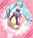  aqua_hair character_name cherry closed_eyes detached_sleeves food fruit hands_on_own_face hatsune_miku headphones ice_cream ice_cream_cone in_food long_hair minigirl necktie sitting skirt solo sparkle spoon thighhighs twintails very_long_hair vocaloid 