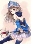  arms_behind_back atelier_(series) atelier_totori back bad_id bad_pixiv_id banned_artist bare_shoulders blue_sleeves boots brown_hair detached_sleeves headdress leaning_forward long_hair looking_back paseri purple_eyes simple_background solo staff thigh_boots thighhighs totooria_helmold zettai_ryouiki 