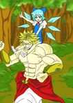  1girl blonde_hair blue_eyes blue_hair broly carrying chokobo_(fire89) cirno crossover dragon_ball dragon_ball_z legendary_super_saiyan muscle shoulder_carry super_saiyan touhou wings 