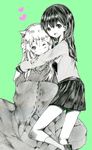  1girl akane_y animal_ears bad_id bad_pixiv_id blush couple dog_ears graphite_(medium) green_background hands_in_opposite_sleeves heart hetero higurashi_kagome hug inuyasha inuyasha_(character) japanese_clothes monochrome school_uniform serafuku skirt traditional_media wince 