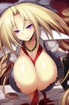  areola_slip areolae blonde_hair bow bra breasts dougan_calpis_con gigantic_breasts hair_bow hanging_breasts highres jewelry lace lace_bra leaning_forward lingerie long_hair nagakura_sayo necklace purple_eyes raised_eyebrows smile solo soukou_akki_muramasa underwear very_long_hair 