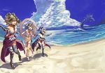  armor athena_(lord_of_vermilion) beach blue_hair breasts character_request cleavage cloud day dragon drill_hair eyepatch fantasy green_hair helmet holding_hands jeanne_d'arc_(lord_of_vermilion) lakshmi_(lord_of_vermilion) large_breasts lord_of_vermilion love_plus_plus medium_breasts midriff mizore_akihiro multiple_girls ocean outdoors purple_eyes red_eyes running sky small_breasts 