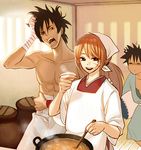  apron bandages biafura cooking himura_kenshin japanese_clothes kappougi male_focus multiple_boys myoujin_yahiko rurouni_kenshin sagara_sanosuke scar sleepy stew tears tenugui 