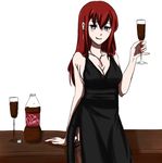  black_dress blue_eyes breasts cleavage cup dr_pepper drawfag dress drinking_glass earrings formal garter_straps jewelry long_hair makise_kurisu medium_breasts nail_polish necklace red_hair seductive_smile side_slit sideboob simple_background smile solo steins;gate thighhighs white_background wine_glass 