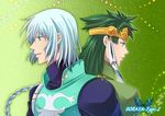  aqua_eyes bug butterfly circlet green_background green_hair green_shirt insect long_hair male_focus multiple_boys shirt tales_of_(series) tales_of_rebirth tytree_crowe veigue_lungberg white_hair yellow_eyes ytk 