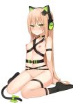  1girl animal_ears bangs black_choker black_legwear blush breasts canape_(canape0130) cat_ear_headphones cat_ears cat_girl cat_tail character_name choker closed_mouth collarbone commentary eyebrows_visible_through_hair full_body girls_frontline green_eyes groin hair_between_eyes headphones light_brown_hair long_hair looking_at_viewer navel nipples no_shoes nude simple_background sitting skindentation small_breasts socks solo sweat tail thigh_strap tmp_(girls_frontline) very_long_hair wariza white_background 