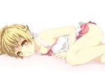  :o bare_legs bare_shoulders blonde_hair blush dress flat_chest kouji_(campus_life) long_hair looking_at_viewer lying monogatari_(series) nisemonogatari on_stomach open_mouth oshino_shinobu shiny shiny_skin simple_background solo yellow_eyes 