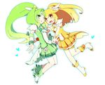  blonde_hair bow choker cure_march cure_peace green_eyes green_hair green_shorts green_skirt hair_flaps heart kise_yayoi long_hair looking_at_viewer magical_girl midorikawa_nao mie_nabe multiple_girls orange_choker precure shorts shorts_under_skirt skirt smile_precure! wide_ponytail yellow_bow yellow_eyes yellow_shorts yellow_skirt 