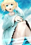  aegis_(persona) alternate_costume android bad_id bad_pixiv_id blonde_hair blue_eyes dress open_mouth persona persona_3 sitting slee solo water 