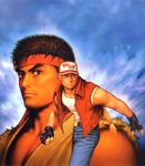  black_hair blonde_hair capcom capcom_vs_snk denim dougi eyebrows facial_hair fatal_fury fingerless_gloves gloves jacket jeans lips long_hair male_focus mori_toshiaki multiple_boys muscle official_art pants ponytail realistic ryuu_(street_fighter) snk street_fighter stubble terry_bogard the_king_of_fighters thick_eyebrows 
