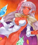  arcana_heart bad_id bad_pixiv_id bottomless breasts cape cleavage dark_skin elf long_hair marker_(medium) medium_breasts navel parace_l'sia pointy_ears red_eyes red_skin silver_hair smile solo torimaru traditional_media 