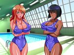  2girls black_hair blush breasts dark_skin large_breasts multiple_girls pool retro_star swimming_pool swimsuit uchu_pawakitatsu_gakuen_no_erobitchi_wa_zenin_ore_no_mesu_dorei_tengoku 