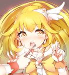  bad_id bad_pixiv_id blonde_hair bow brushing_teeth choker cure_peace cure_sunny double_v drooling hair_flaps hino_akane_(smile_precure!) kise_yayoi magical_girl monogatari_(series) multiple_girls nisemonogatari open_mouth parody ponytail precure season_connection smile_precure! tears toothbrush v wide_ponytail yellow yellow_bow yellow_choker yellow_eyes yuran 