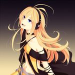  antenna_hair bad_id bad_pixiv_id bare_shoulders blonde_hair blue_eyes headphones hinatori_a lily_(vocaloid) long_hair looking_up lowres navel open_mouth smile solo vocaloid 