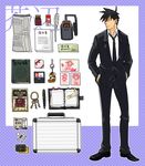  akutabe bag book briefcase coin food formal jerky key keychain male_focus money newspaper no_eyebrows photo_(object) quill solo suit yondemasu_yo_azazel-san. 