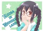  bespectacled black_hair blue_dress braid character_name copyright_name dress glasses hirota_kaoru k-on! k-on!_movie long_hair nakano_azusa red_eyes singing! solo twin_braids twintails 