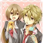  1girl :d bad_id bad_pixiv_id blonde_hair couple cup disposable_cup drinking_straw food hetero holding ice_cream ice_cream_cone long_hair miyaji_ryunosuke necktie open_mouth sakura_ran school_uniform smile star starry_sky_(game) yahisa_tsukiko yellow_eyes 