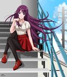  blue_eyes long_hair monogatari_(series) nihility nisemonogatari pantyhose purple_hair senjougahara_hitagi sitting sitting_on_stairs solo stairs 